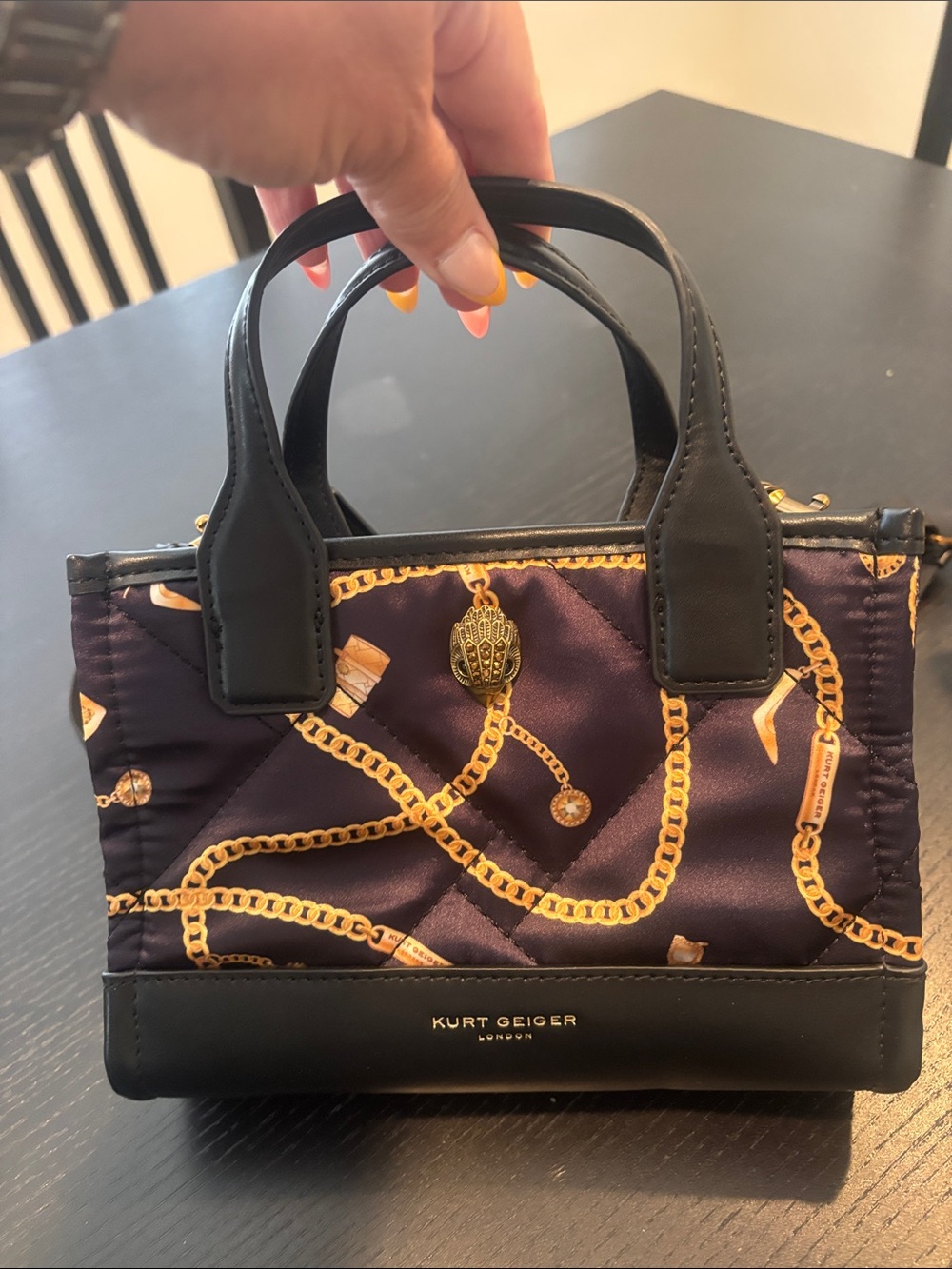 Kurt Geiger London mini Quilted Black Crossbody Bag with Gold Chain Print - Picture 2 of 12